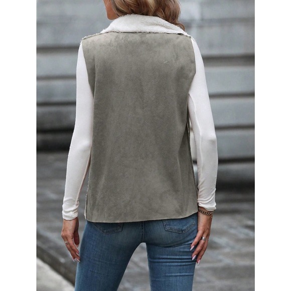 🌟 Teddy shearling Lined Open Front Vest vegan suede - Picture 8 of 8